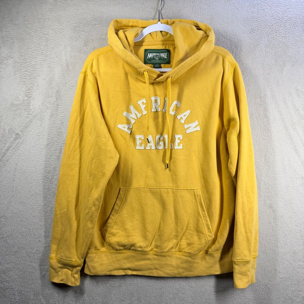 American Eagle Hoodie Mens M Yellow Spell Out Logo Pullover Sweatshirt